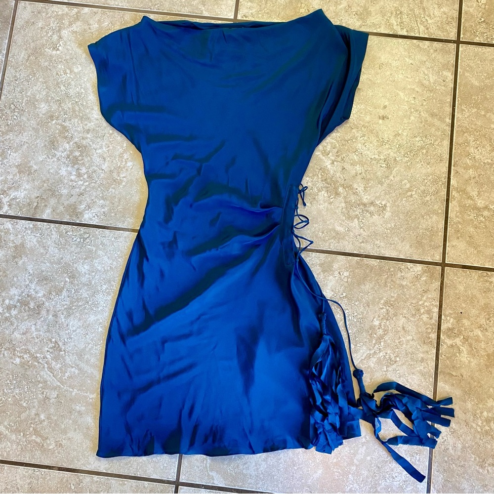 LIA KES 100% Silk Dress Navy Blue Midi Tassel Boatneck Side Tie